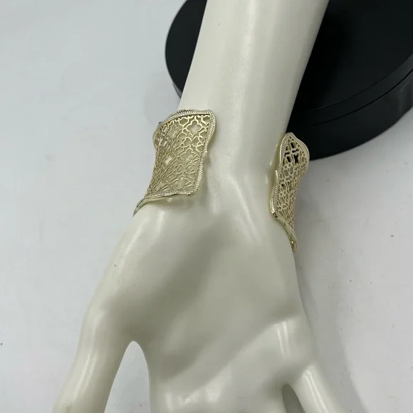 Kendra Scott Designer Candice Gold Tone Filigree Concave Wide Cuff Bracelet - Picture 3 of 13